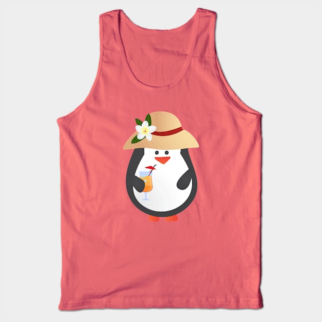 Cute Penguin with Tropical Hat and Drink Tank Top by bluerockproducts